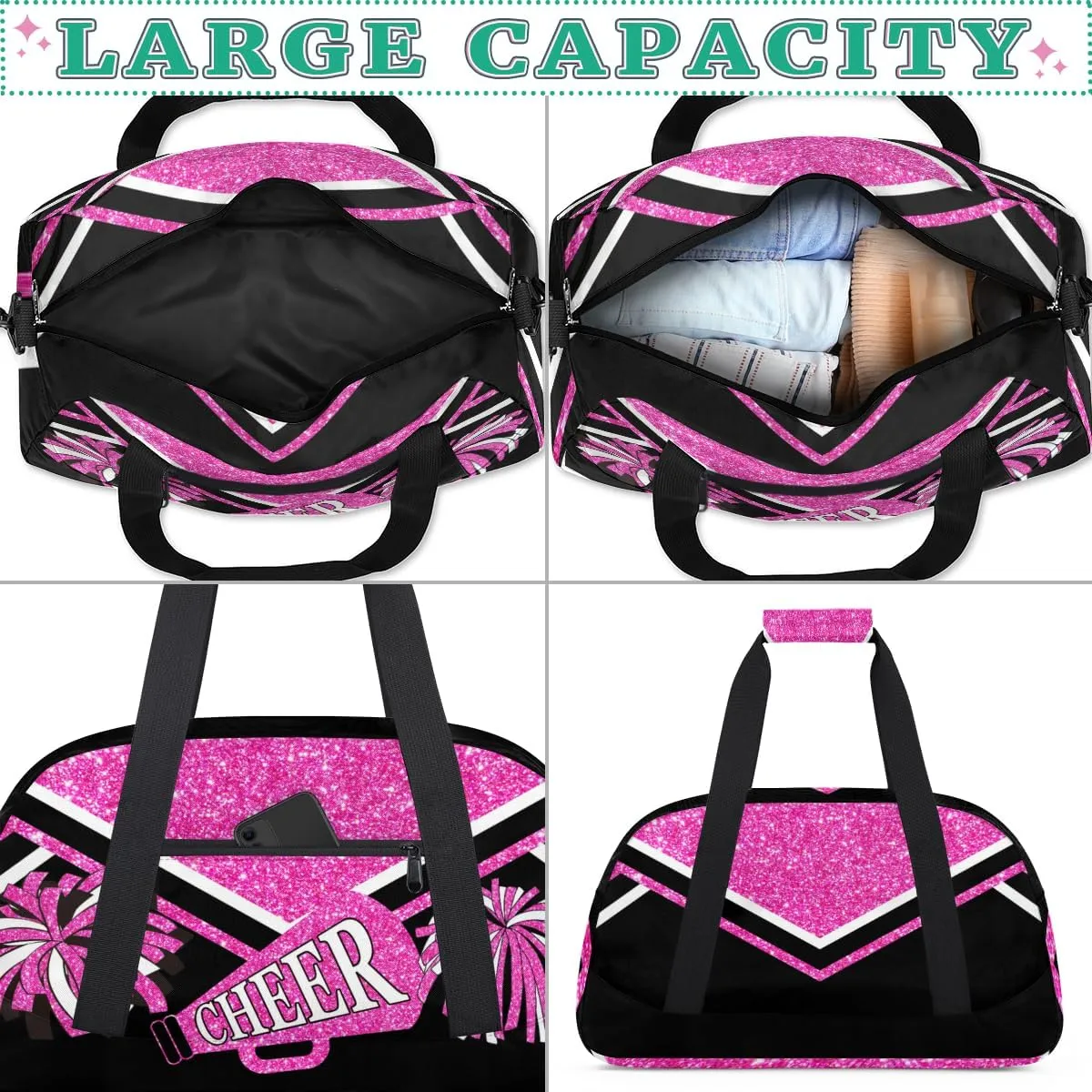 Cheerleading Bags for Girls, Overnight Sports Duffel Cheer Bags Workout Training Dance - Pink Shiny Glitters Print Effect with Black - Sport Gym Bag Travel Practice Gymnastics Duffel Bag