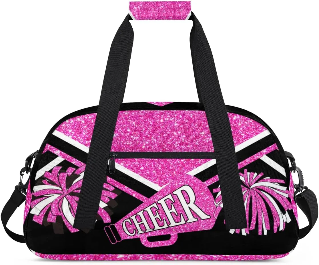 Cheerleading Bags for Girls, Overnight Sports Duffel Cheer Bags Workout Training Dance - Pink Shiny Glitters Print Effect with Black - Sport Gym Bag Travel Practice Gymnastics Duffel Bag