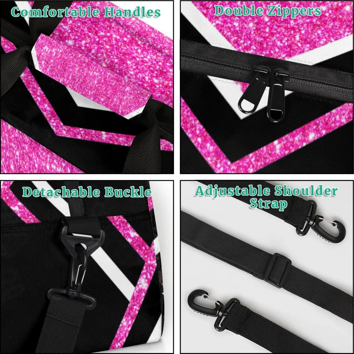 Cheerleading Bags for Girls, Overnight Sports Duffel Cheer Bags Workout Training Dance - Pink Shiny Glitters Print Effect with Black - Sport Gym Bag Travel Practice Gymnastics Duffel Bag
