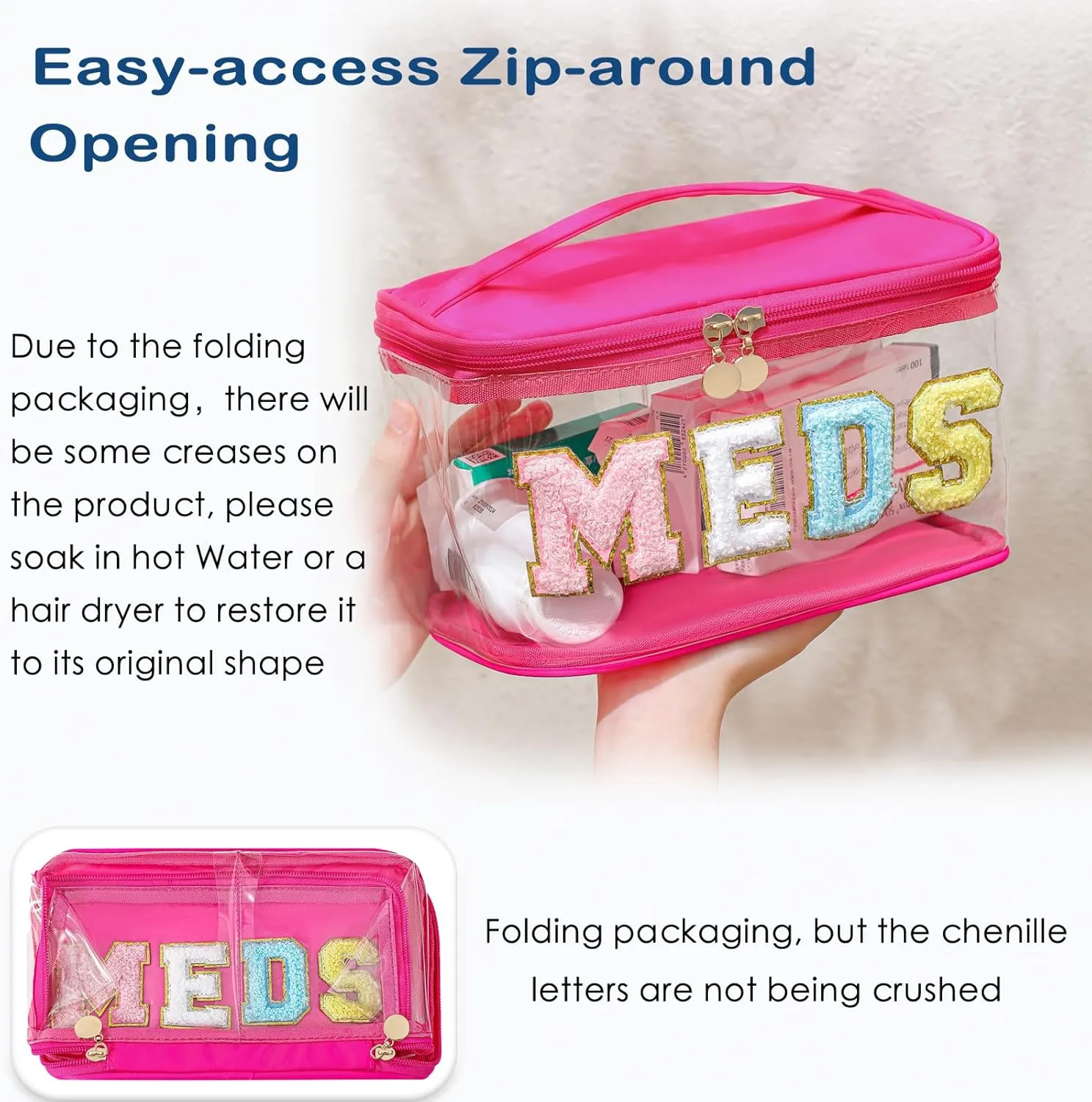 Chenille Letter Clear Medicine Makeup Bag, Large Size Waterproof Nylon Cosmetic Toiletry Storage bag with Top Handle, Transparent Meds First Aid Travel Organizer Cosmetic Bag(01Hot Pink)