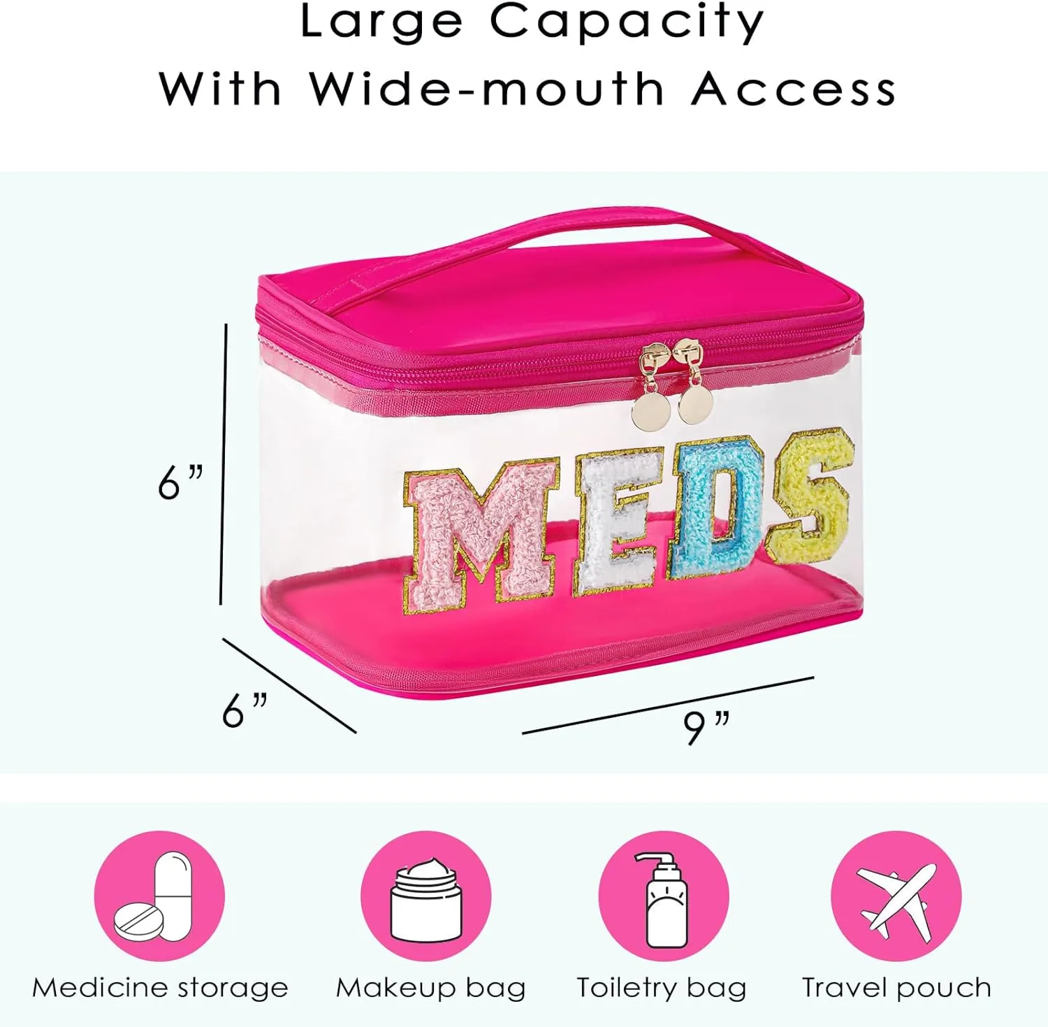Chenille Letter Clear Medicine Makeup Bag, Large Size Waterproof Nylon Cosmetic Toiletry Storage bag with Top Handle, Transparent Meds First Aid Travel Organizer Cosmetic Bag(01Hot Pink)
