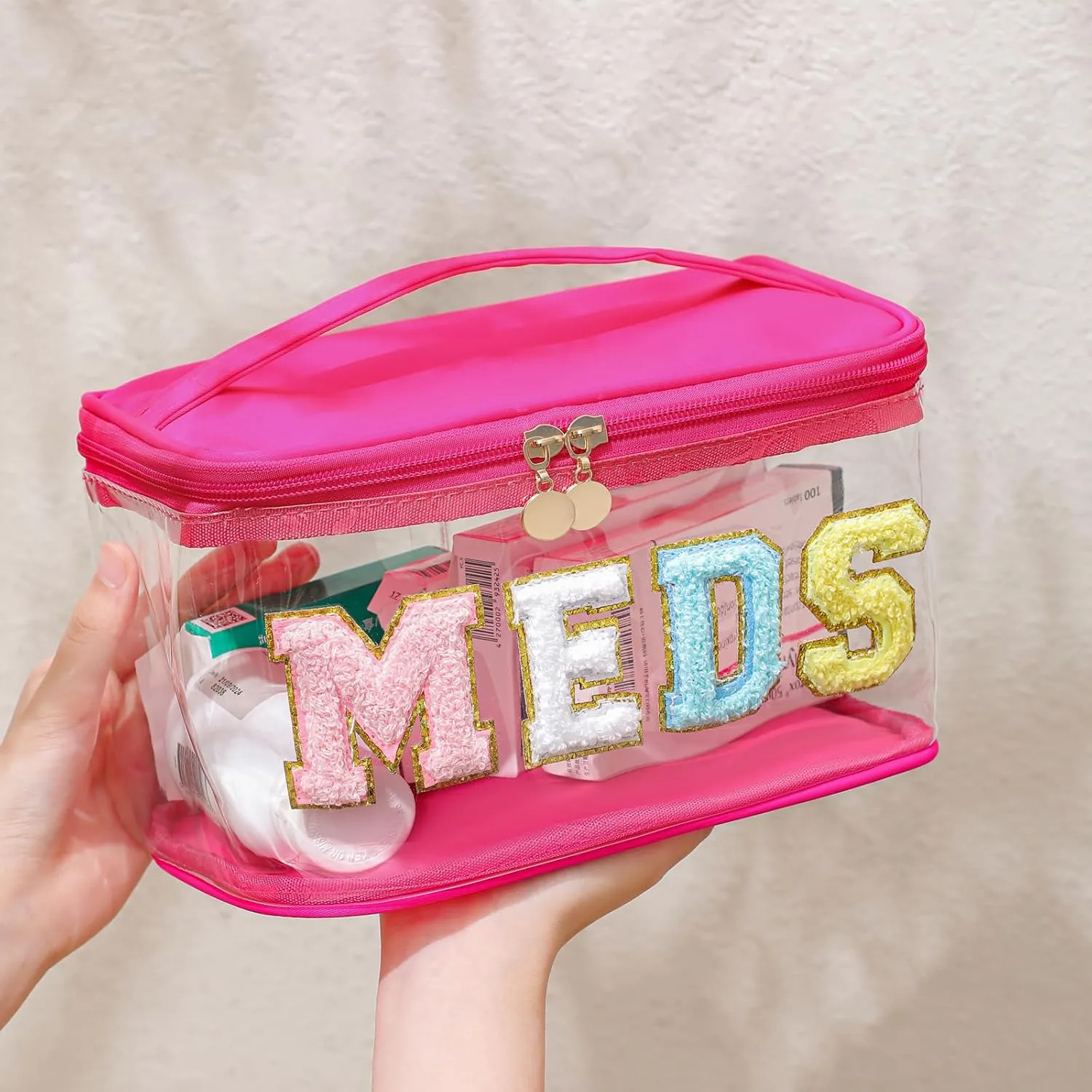 Chenille Letter Clear Medicine Makeup Bag, Large Size Waterproof Nylon Cosmetic Toiletry Storage bag with Top Handle, Transparent Meds First Aid Travel Organizer Cosmetic Bag(01Hot Pink)