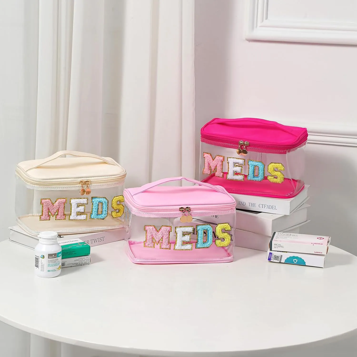 Chenille Letter Clear Medicine Makeup Bag, Large Size Waterproof Nylon Cosmetic Toiletry Storage bag with Top Handle, Transparent Meds First Aid Travel Organizer Cosmetic Bag(01Hot Pink)