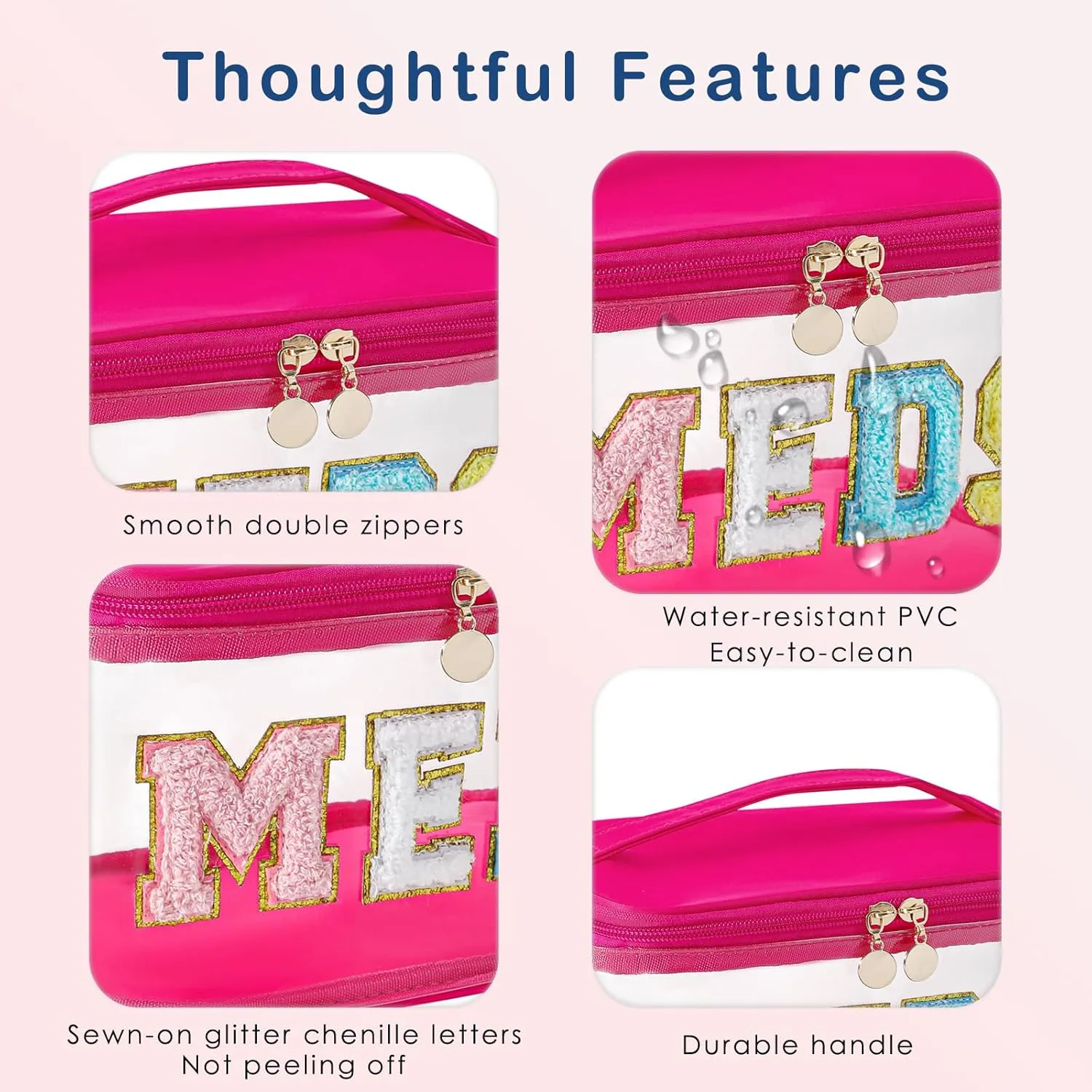 Chenille Letter Clear Medicine Makeup Bag, Large Size Waterproof Nylon Cosmetic Toiletry Storage bag with Top Handle, Transparent Meds First Aid Travel Organizer Cosmetic Bag(01Hot Pink)