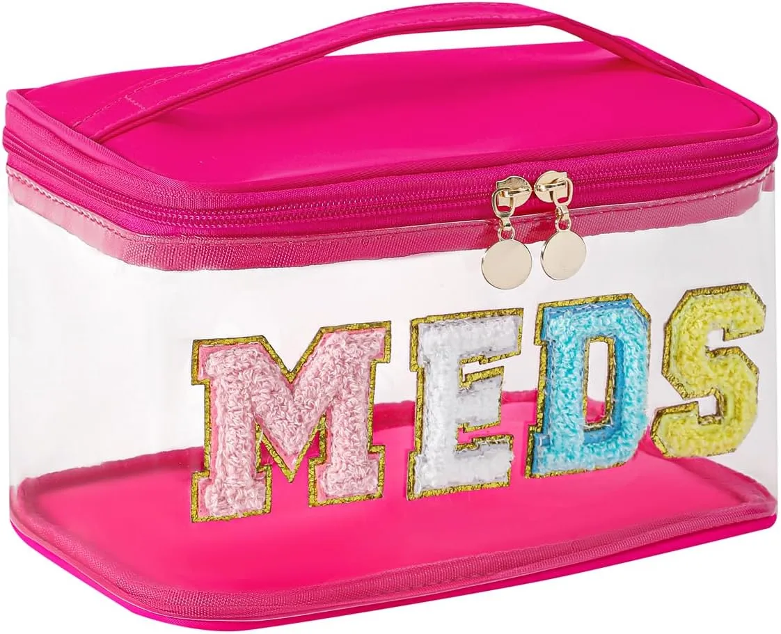 Chenille Letter Clear Medicine Makeup Bag, Large Size Waterproof Nylon Cosmetic Toiletry Storage bag with Top Handle, Transparent Meds First Aid Travel Organizer Cosmetic Bag(01Hot Pink)