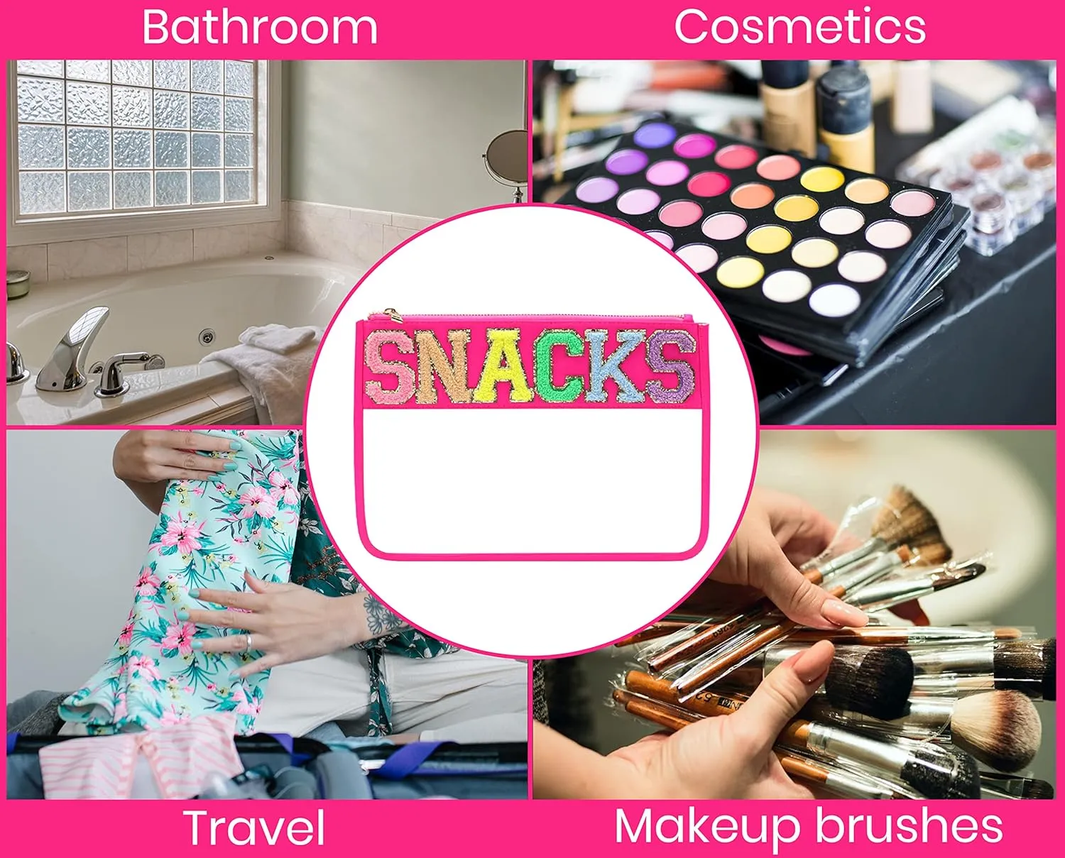Chenille Letter Snack Pouch - PVC and Nylon Clear Snack Bag for Travel and Organization, Glitter Travel Bag With Zipper For Women and Children, Hot Pink Snacks Bag, Chenille Letter Bag