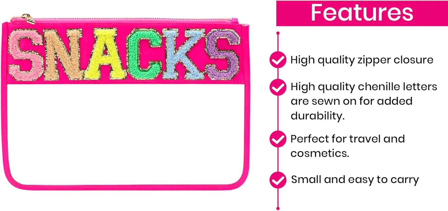Chenille Letter Snack Pouch - PVC and Nylon Clear Snack Bag for Travel and Organization, Glitter Travel Bag With Zipper For Women and Children, Hot Pink Snacks Bag, Chenille Letter Bag