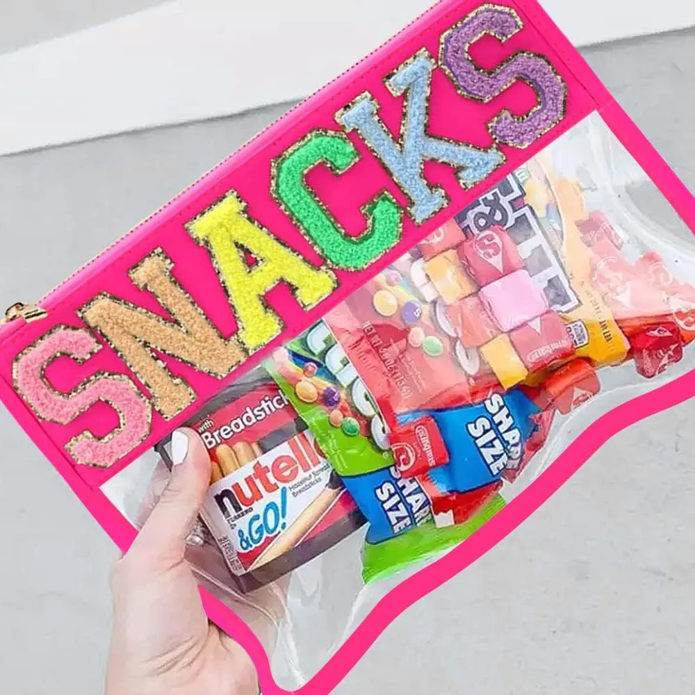 Chenille Letter Snack Pouch - PVC and Nylon Clear Snack Bag for Travel and Organization, Glitter Travel Bag With Zipper For Women and Children, Hot Pink Snacks Bag, Chenille Letter Bag