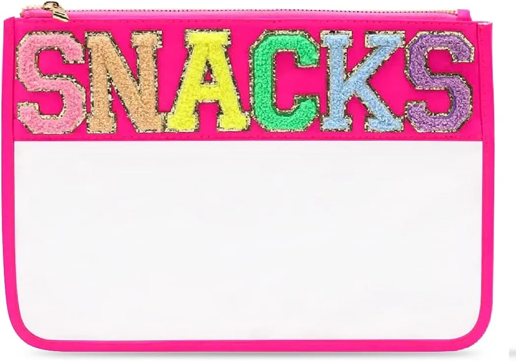 Chenille Letter Snack Pouch - PVC and Nylon Clear Snack Bag for Travel and Organization, Glitter Travel Bag With Zipper For Women and Children, Hot Pink Snacks Bag, Chenille Letter Bag