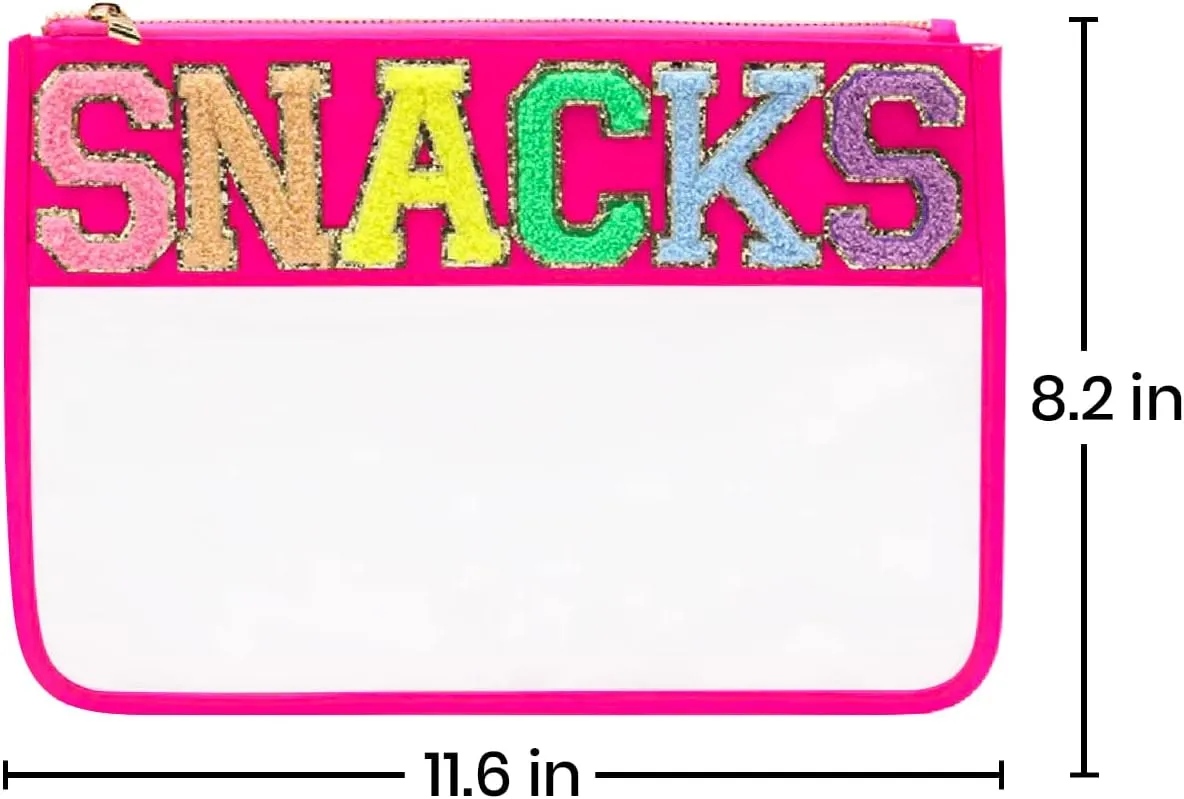Chenille Letter Snack Pouch - PVC and Nylon Clear Snack Bag for Travel and Organization, Glitter Travel Bag With Zipper For Women and Children, Hot Pink Snacks Bag, Chenille Letter Bag