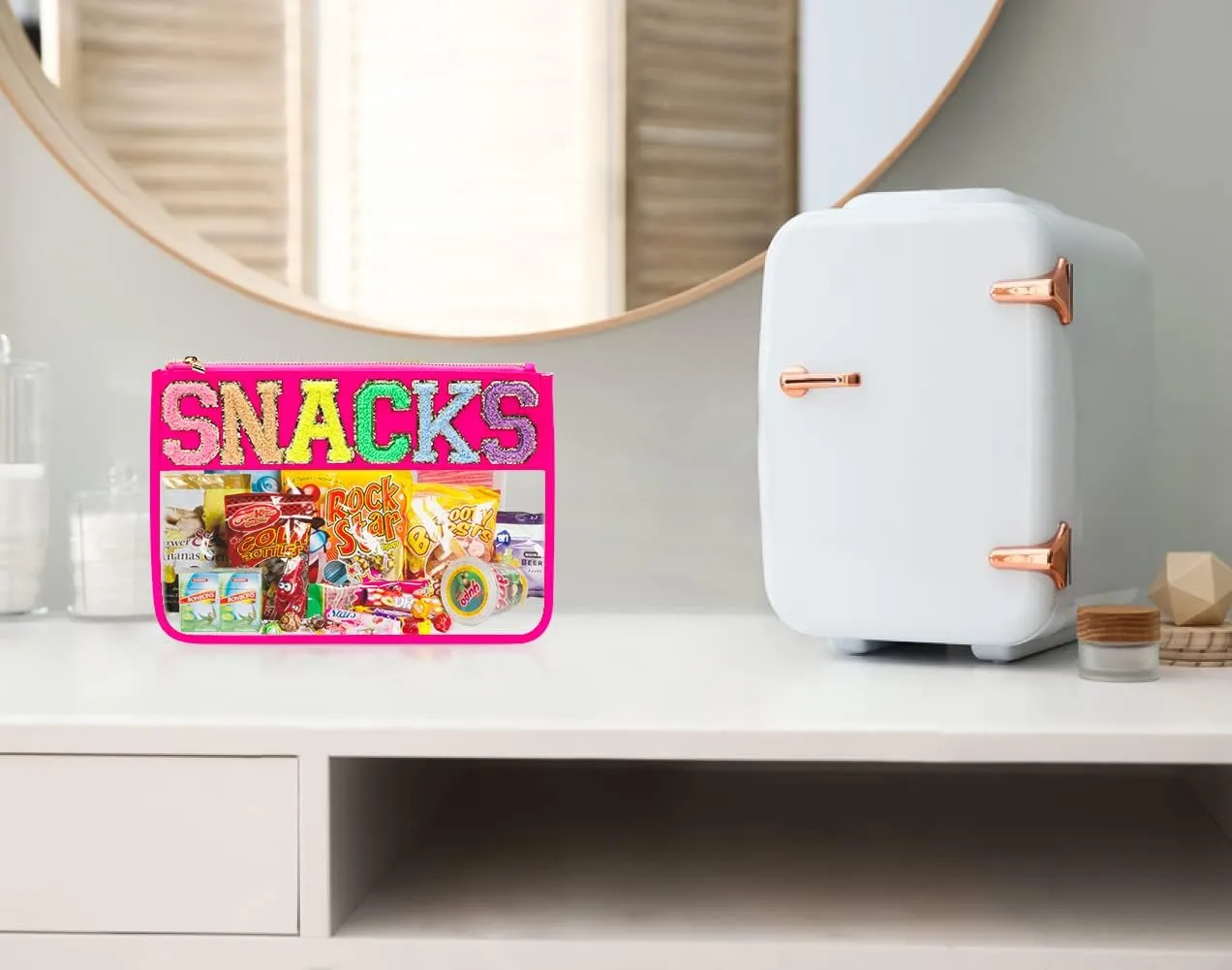 Chenille Letter Snack Pouch - PVC and Nylon Clear Snack Bag for Travel and Organization, Glitter Travel Bag With Zipper For Women and Children, Hot Pink Snacks Bag, Chenille Letter Bag