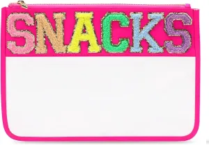 Chenille Letter Snack Pouch - PVC and Nylon Clear Snack Bag for Travel and Organization, Glitter Travel Bag With Zipper For Women and Children, Hot Pink Snacks Bag, Chenille Letter Bag