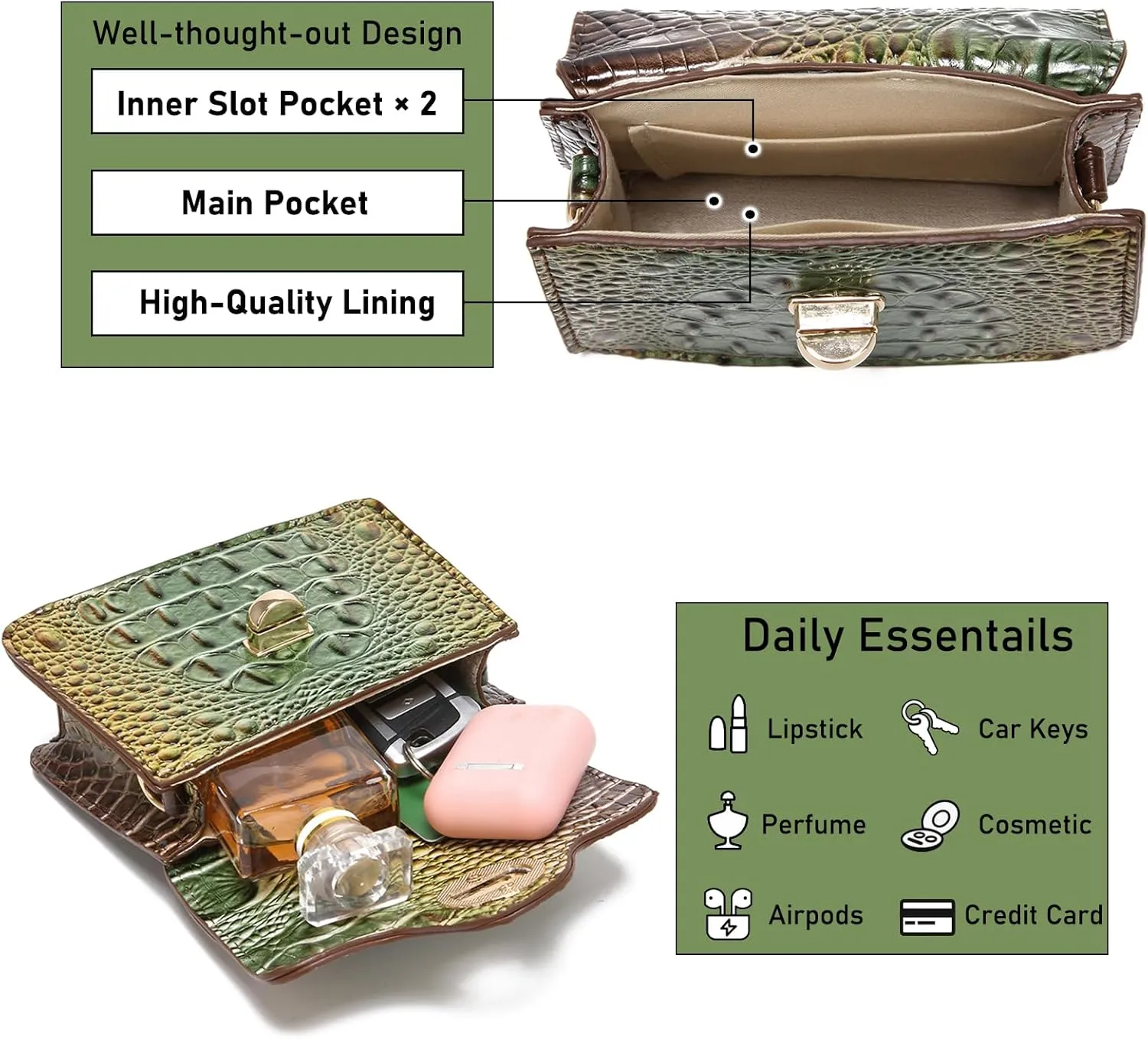 Chic Women Crocodile Leather bags Mini Top-Handle Clutch Compact Evening Bag Stylish Accessory for Essentials