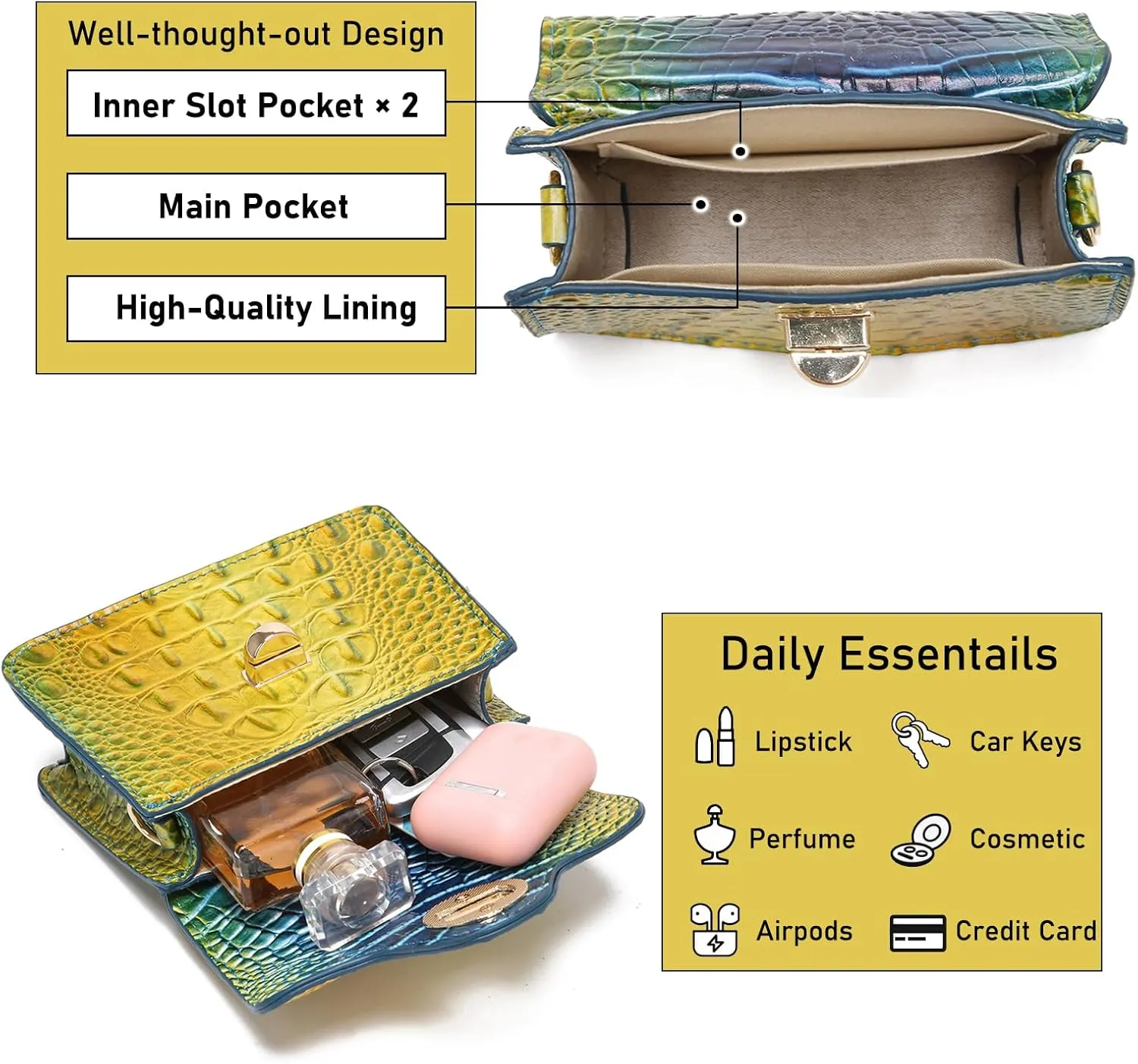 Chic Women Crocodile Leather bags Mini Top-Handle Clutch Compact Evening Bag Stylish Accessory for Essentials