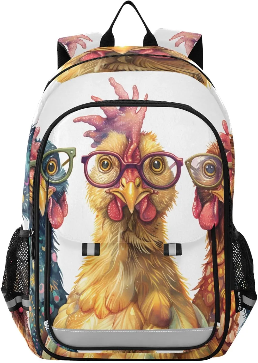 Chickens Glasses Heads Backpack Travel Laptop Daypack Shoulder Bag Book Bag Daypack with Reflective Strip 12.9 ×17.7 In