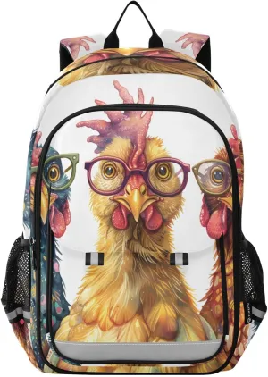 Chickens Glasses Heads Backpack Travel Laptop Daypack Shoulder Bag Book Bag Daypack with Reflective Strip 12.9 ×17.7 In