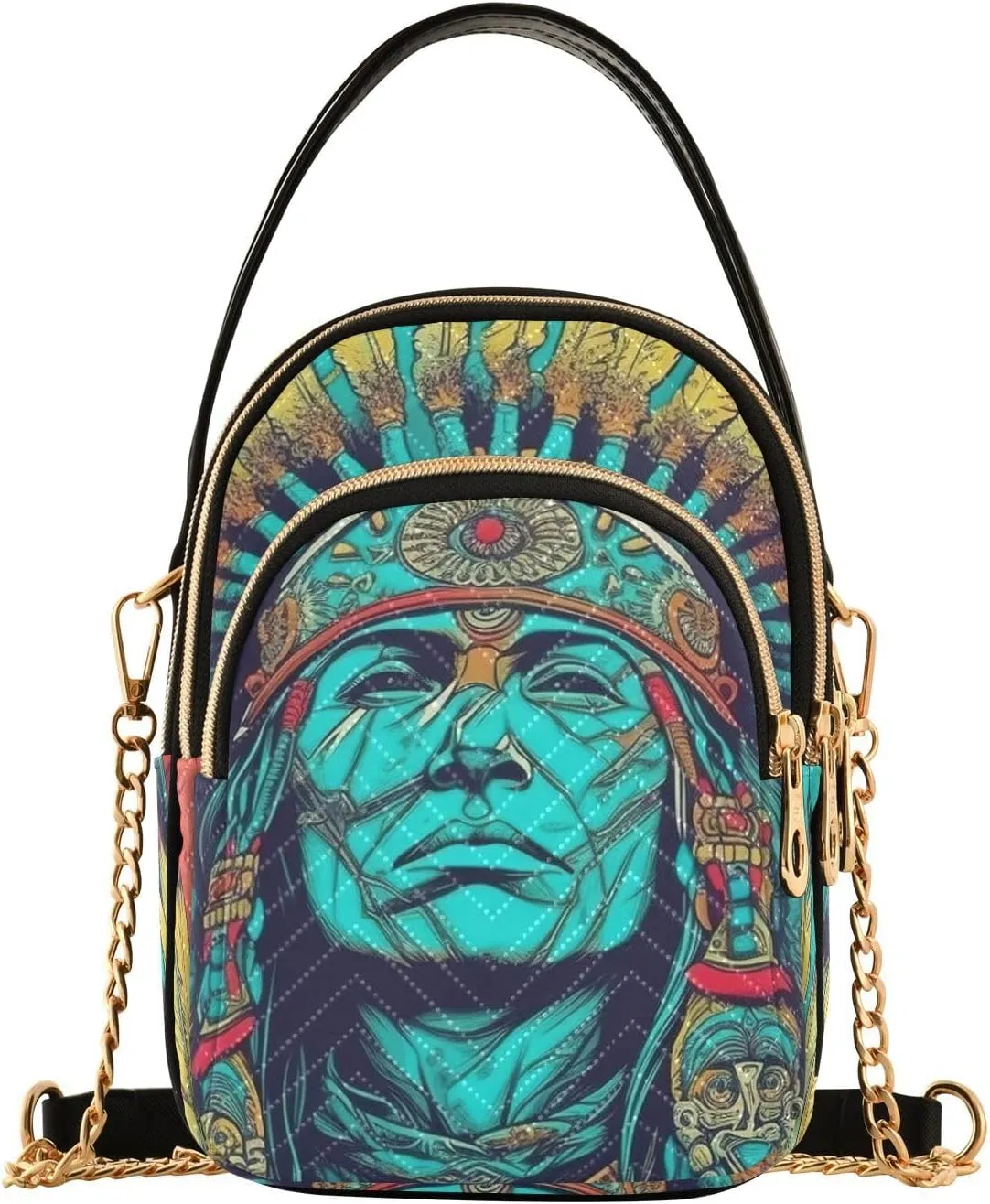 Chief American Indian Crossbody Sling Bags for Women, Compact Fashion Handbag with Chain Strap Top handle for Evening Party Dating Travel