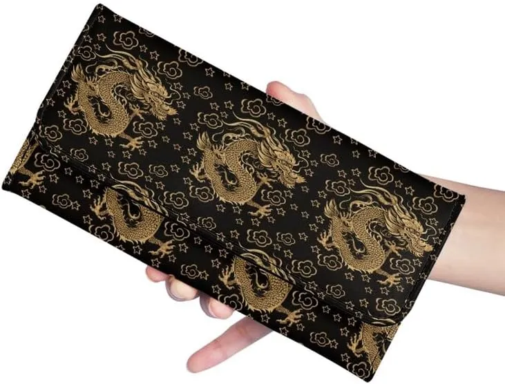 Chinese Gold Dragon PU Leather Clutch Multi Card Slot, Traditional Chinese Loong Large Ladies Wallets Sophisticated Tri-Fold Dragons Lucky Clouds Design PU Leather Wallet