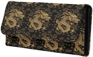 Chinese Gold Dragon PU Leather Clutch Multi Card Slot, Traditional Chinese Loong Large Ladies Wallets Sophisticated Tri-Fold Dragons Lucky Clouds Design PU Leather Wallet