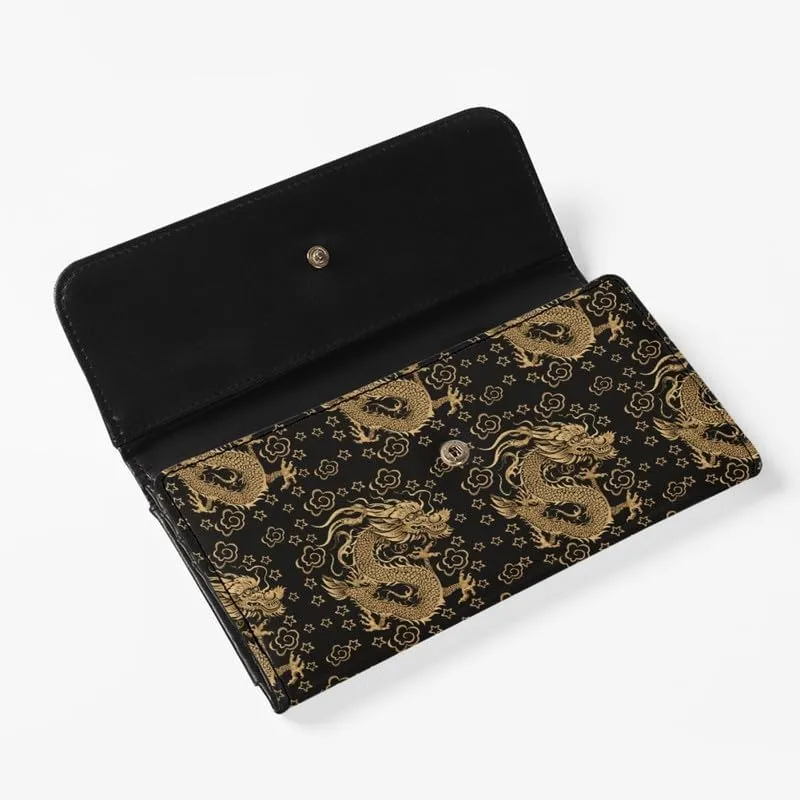 Chinese Gold Dragon PU Leather Clutch Multi Card Slot, Traditional Chinese Loong Large Ladies Wallets Sophisticated Tri-Fold Dragons Lucky Clouds Design PU Leather Wallet