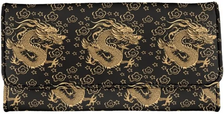 Chinese Gold Dragon PU Leather Clutch Multi Card Slot, Traditional Chinese Loong Large Ladies Wallets Sophisticated Tri-Fold Dragons Lucky Clouds Design PU Leather Wallet