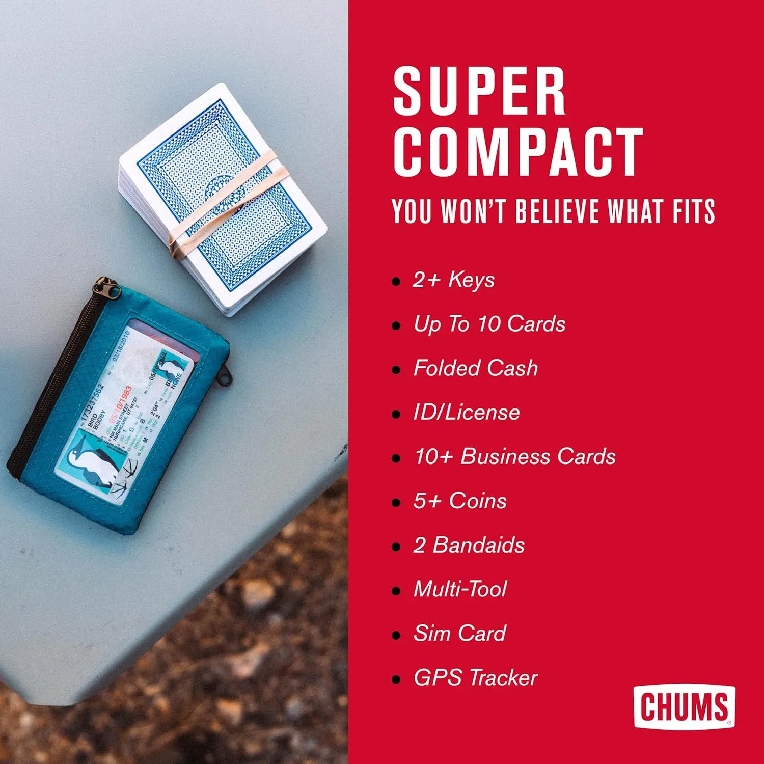 Chums Surfshorts Wallet - Lightweight Slim Wallet with RFID Blocking Card & Clear ID Window - Zippered, Minimalist Wallet w/Key Ring - Solid Colors