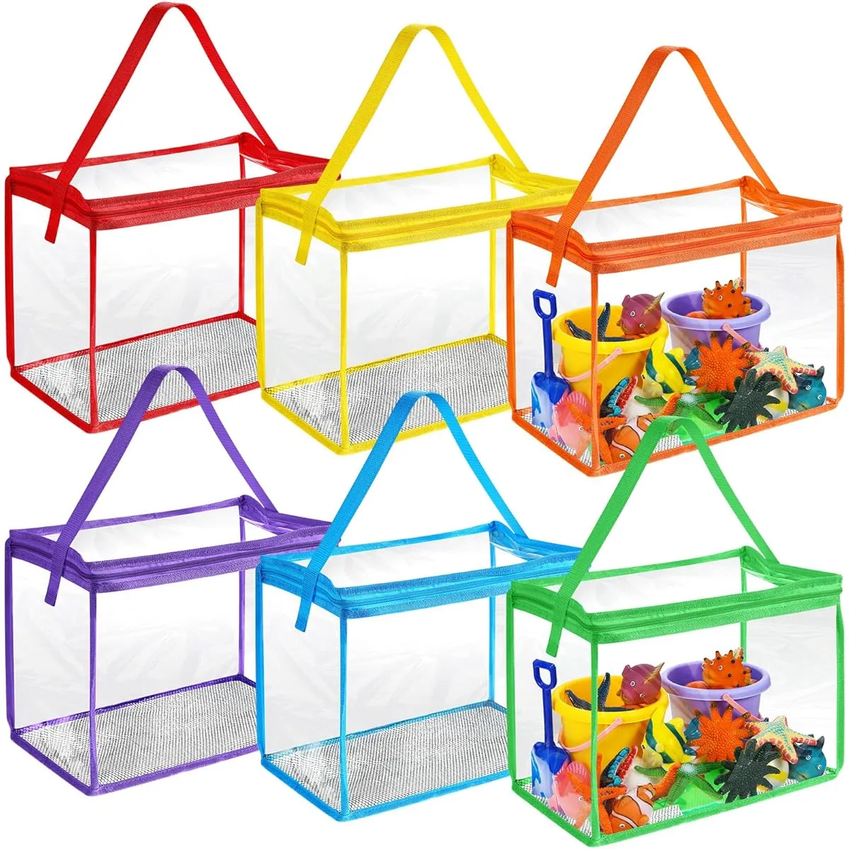 Chunful Beach Bag 6 Pack 6 Colors PVC Beach Tote with Mesh Panel and Zipper Sand Away Storage Bag for Sand Toys Pool Supplies