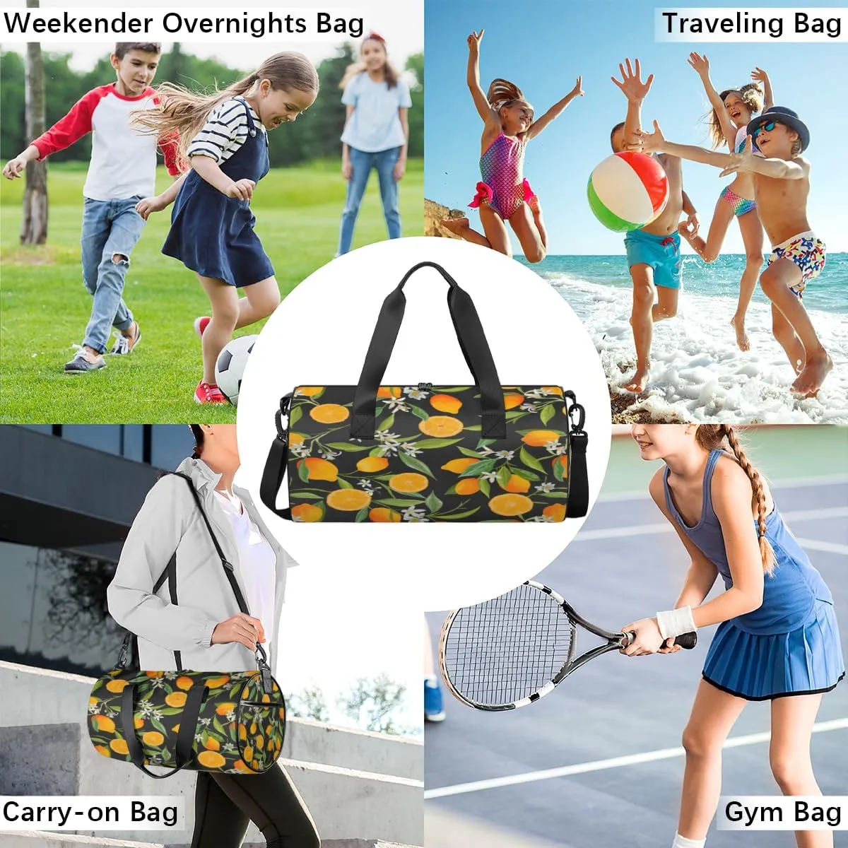 Citrus Garden Pattern Sports Duffel Bag with Shoulder Strap, Large Capacity Gym Bag with Shoe Compartment, Water Resistant Travel Duffle Bag for Men Women Travel, Sports (17.6x9x9 Inch)