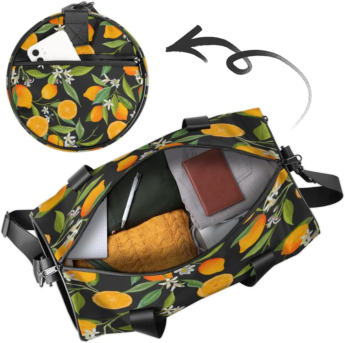 Citrus Garden Pattern Sports Duffel Bag with Shoulder Strap, Large Capacity Gym Bag with Shoe Compartment, Water Resistant Travel Duffle Bag for Men Women Travel, Sports (17.6x9x9 Inch)