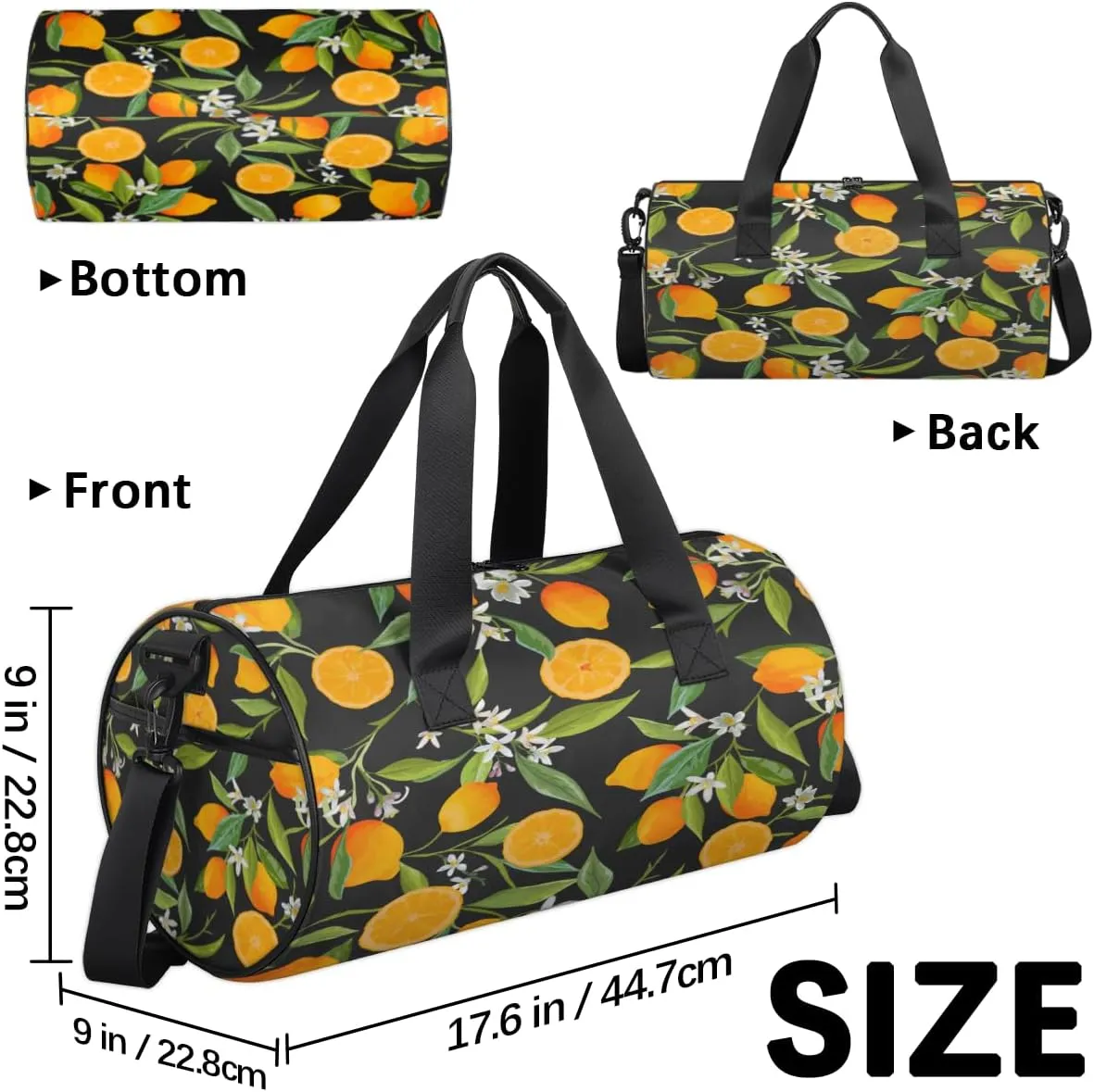 Citrus Garden Pattern Sports Duffel Bag with Shoulder Strap, Large Capacity Gym Bag with Shoe Compartment, Water Resistant Travel Duffle Bag for Men Women Travel, Sports (17.6x9x9 Inch)