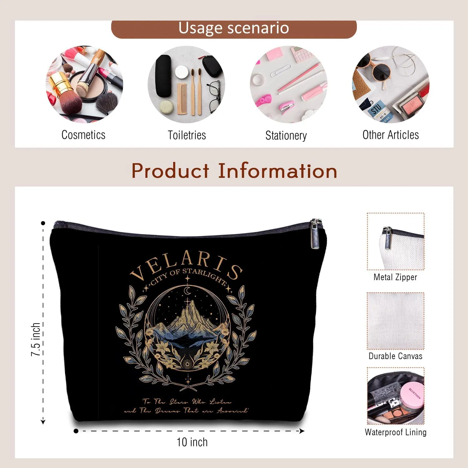 City of Starlight Makeup Bag - A Court of Thorns and Roses Gifts, Night Court, Book Lovers Gifts, Velaris Book Lovers Readers Women's Zippered Bag for Purse