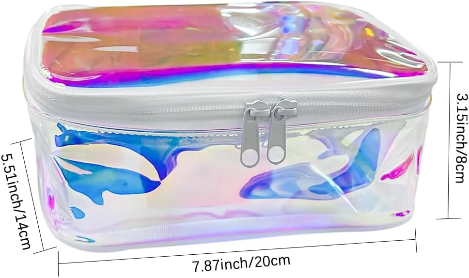 Clear Holographic iridescent Cosmetic Bags 2 pcs Transparent Holographic Waterproof Travel Toiletry Bag-White Zipper