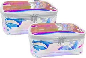 Clear Holographic iridescent Cosmetic Bags 2 pcs Transparent Holographic Waterproof Travel Toiletry Bag-White Zipper