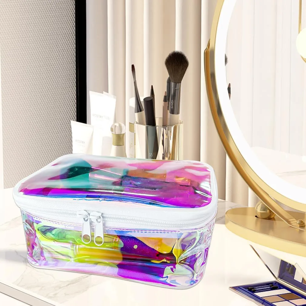 Clear Holographic iridescent Cosmetic Bags 2 pcs Transparent Holographic Waterproof Travel Toiletry Bag-White Zipper