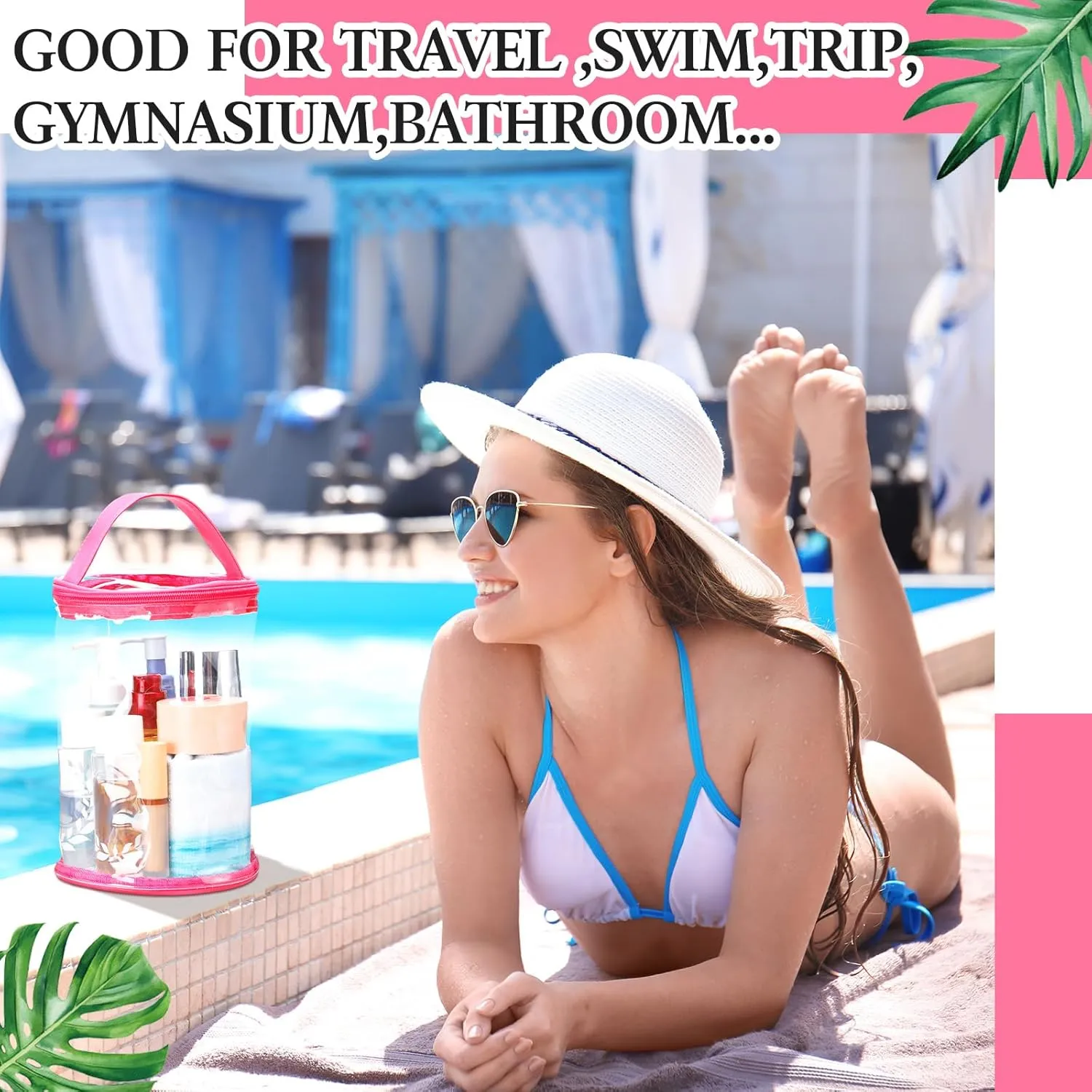 Clear Lotion Bag for Toiletry Cylinder Makeup Bag Heavy Duty Sunscreen Travel Organizer Pouch Waterproof Cosmetic Bag with Handle Zipper Gift for Christmas Beach Pool Airport Women(Hot Pink)