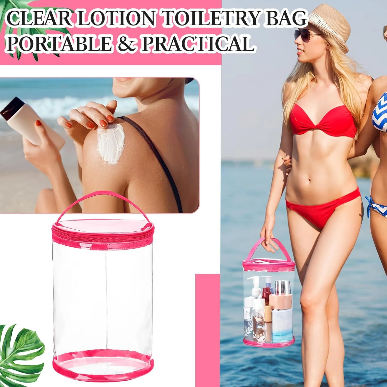 Clear Lotion Bag for Toiletry Cylinder Makeup Bag Heavy Duty Sunscreen Travel Organizer Pouch Waterproof Cosmetic Bag with Handle Zipper Gift for Christmas Beach Pool Airport Women(Hot Pink)