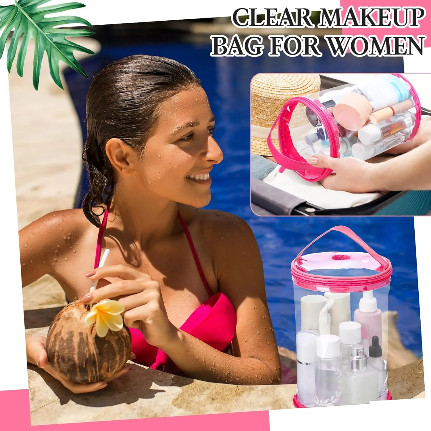 Clear Lotion Bag for Toiletry Cylinder Makeup Bag Heavy Duty Sunscreen Travel Organizer Pouch Waterproof Cosmetic Bag with Handle Zipper Gift for Christmas Beach Pool Airport Women(Hot Pink)