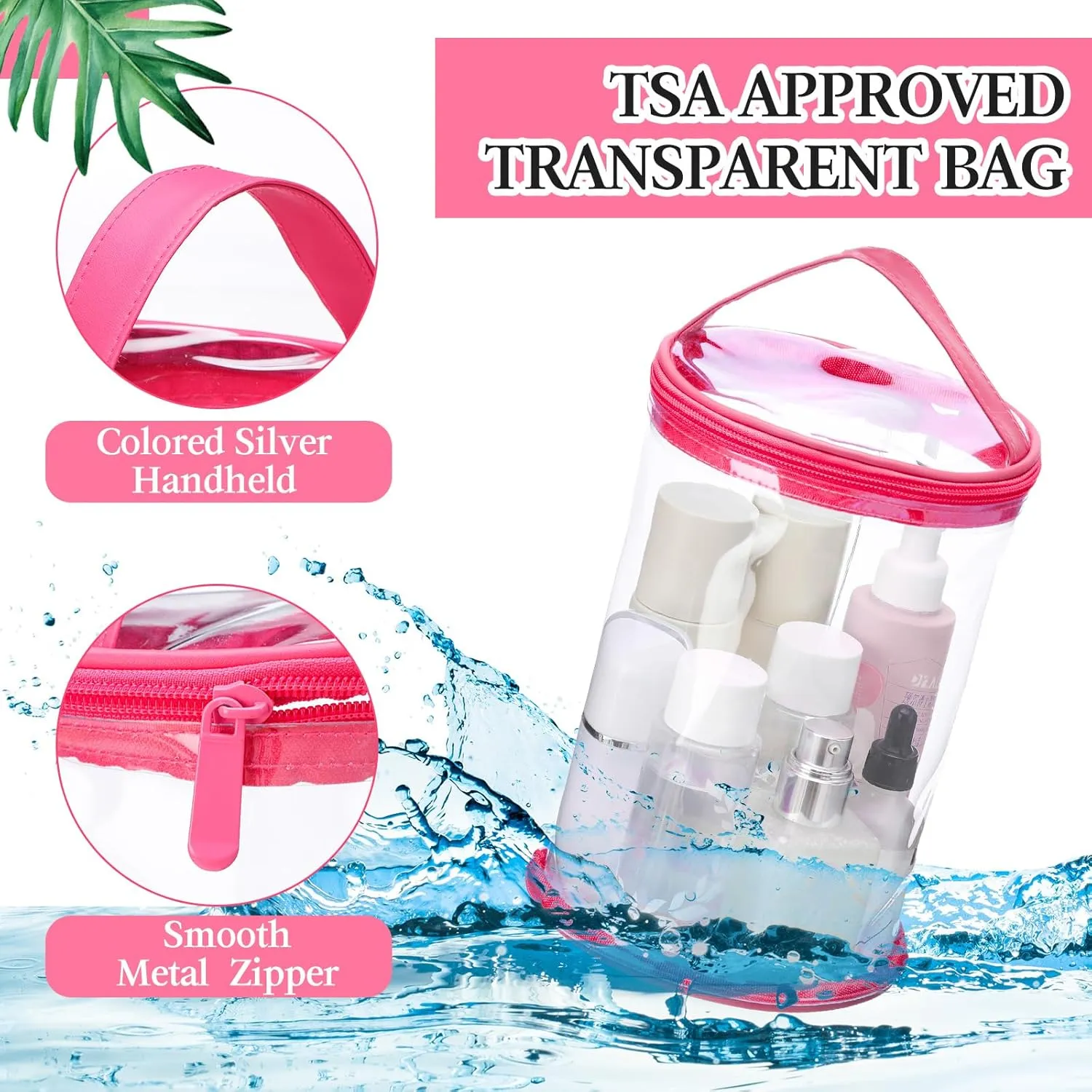 Clear Lotion Bag for Toiletry Cylinder Makeup Bag Heavy Duty Sunscreen Travel Organizer Pouch Waterproof Cosmetic Bag with Handle Zipper Gift for Christmas Beach Pool Airport Women(Hot Pink)