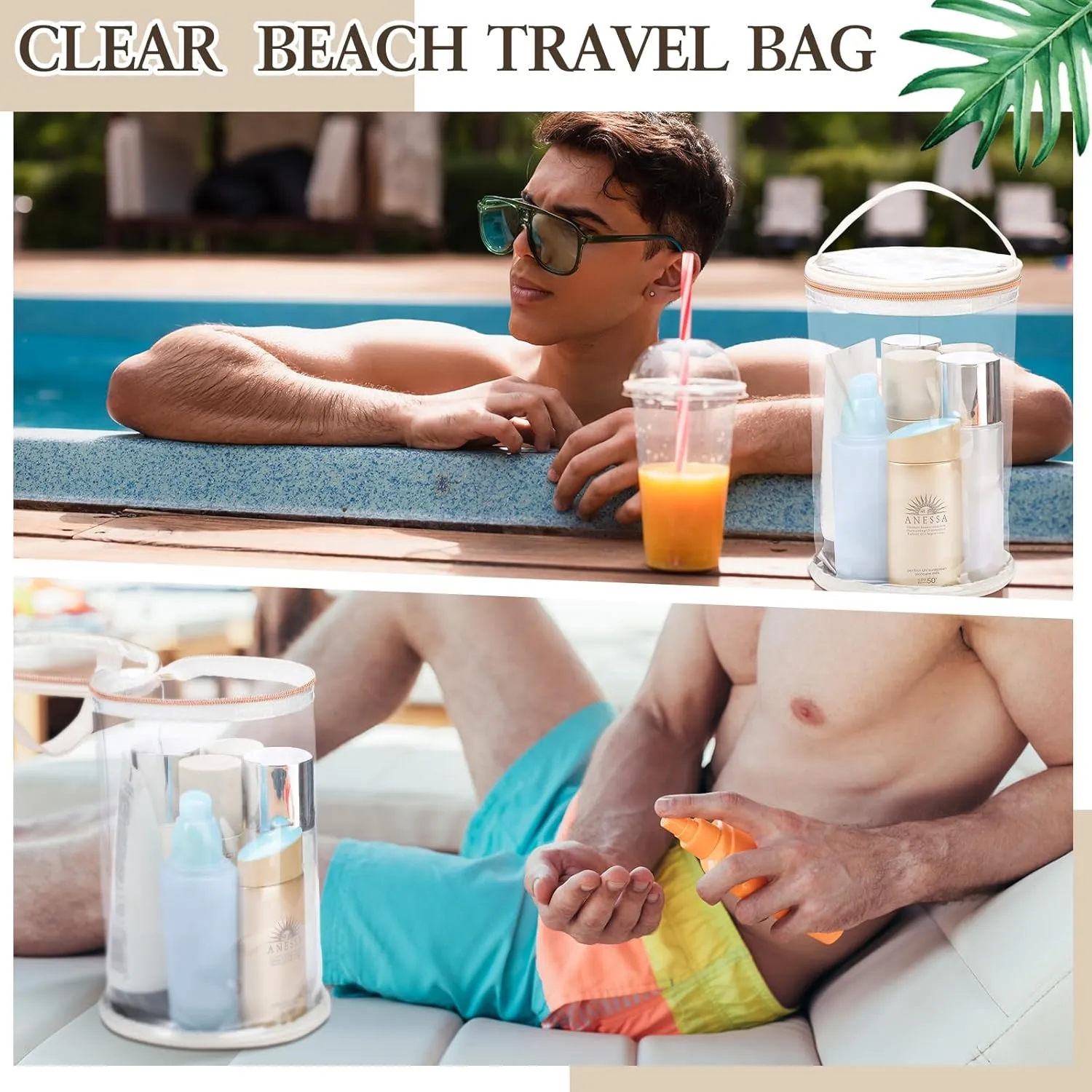 Clear Lotion Bag for Toiletry Cylinder Makeup Bag Heavy Duty Sunscreen Travel Organizer Pouch Waterproof Cosmetic Bag with Handle Zipper Gift for Christmas Beach Pool Airport Women(White)