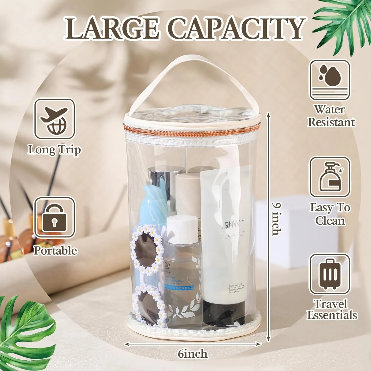 Clear Lotion Bag for Toiletry Cylinder Makeup Bag Heavy Duty Sunscreen Travel Organizer Pouch Waterproof Cosmetic Bag with Handle Zipper Gift for Christmas Beach Pool Airport Women(White)
