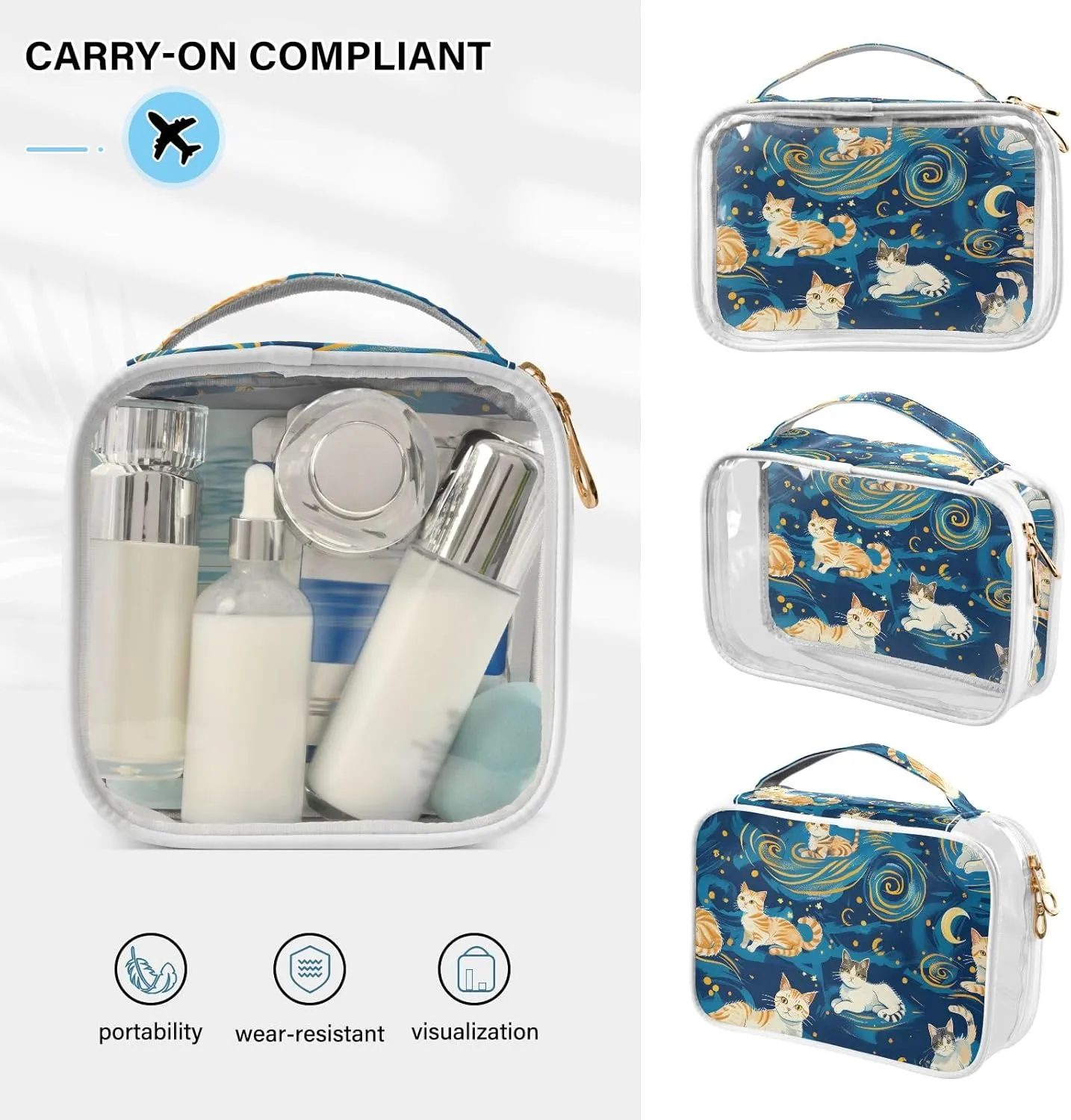 Clear Makeup Bags 2 Pack TSA Approved Toiletry Bag Quart Size Travel Cosmetic Bag Fit Carry-on Toiletries Essential (Cats Van Gogh's Starry Sky Background)