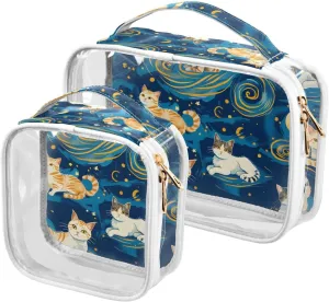 Clear Makeup Bags 2 Pack TSA Approved Toiletry Bag Quart Size Travel Cosmetic Bag Fit Carry-on Toiletries Essential (Cats Van Gogh's Starry Sky Background)