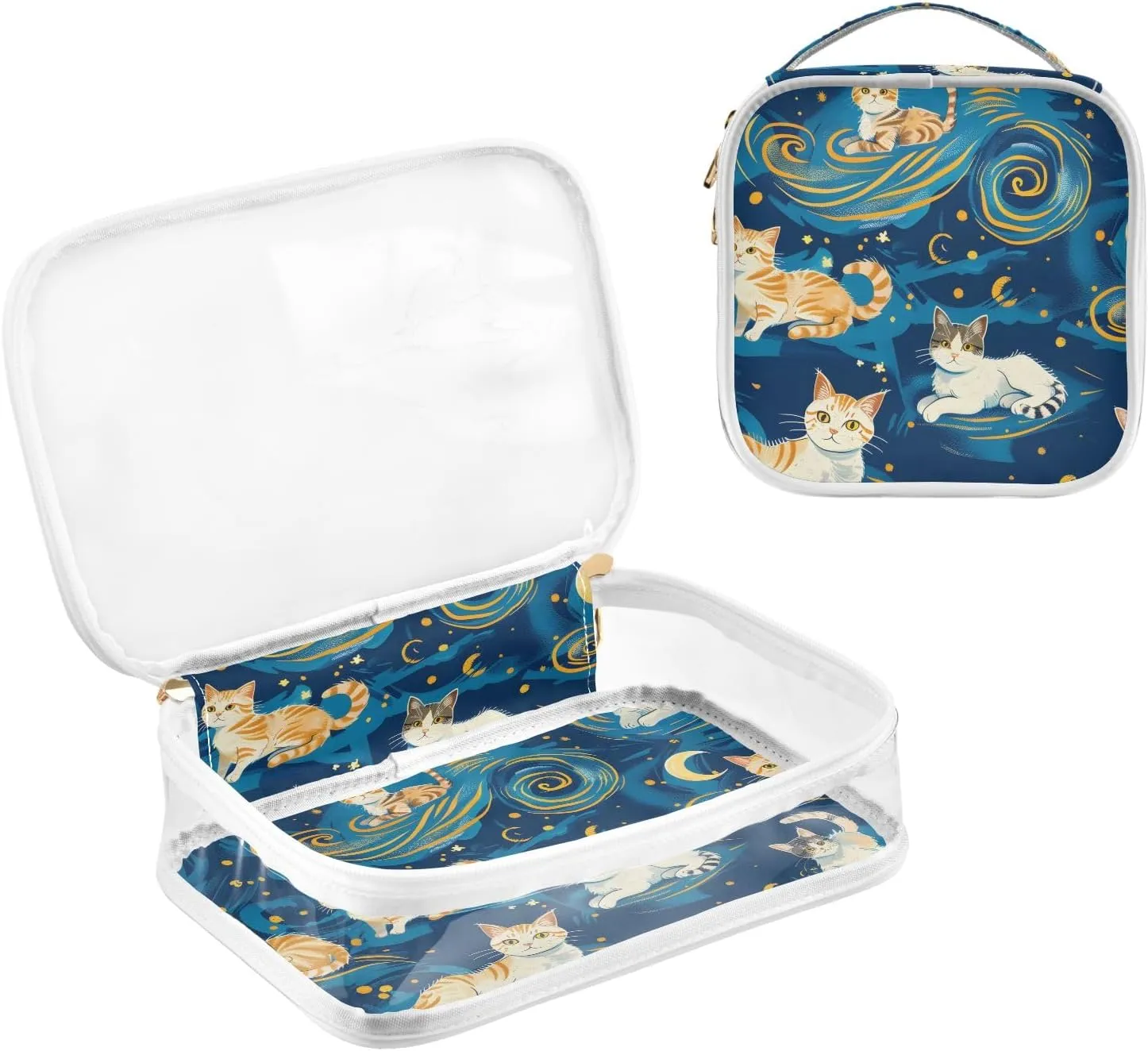Clear Makeup Bags 2 Pack TSA Approved Toiletry Bag Quart Size Travel Cosmetic Bag Fit Carry-on Toiletries Essential (Cats Van Gogh's Starry Sky Background)