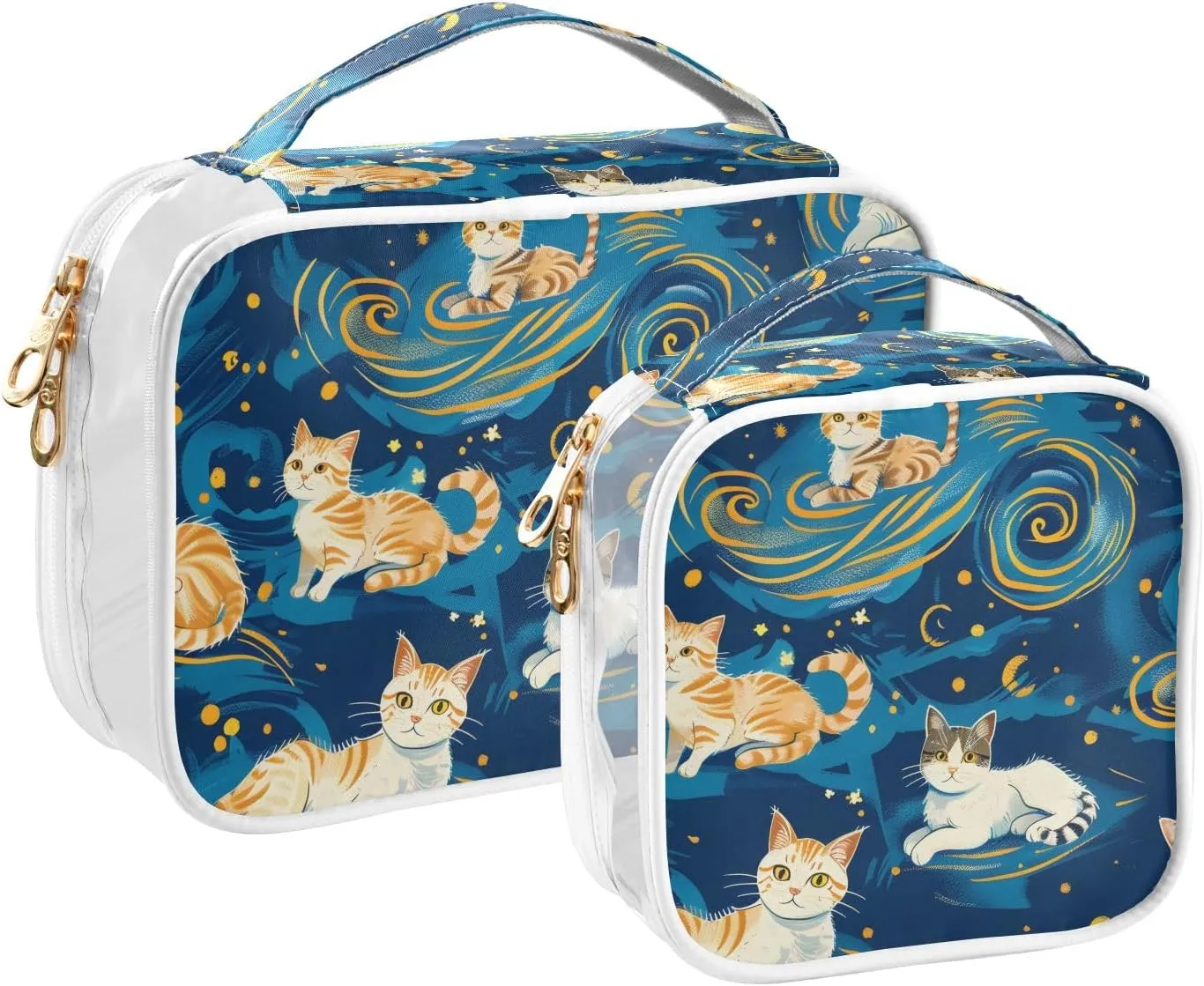 Clear Makeup Bags 2 Pack TSA Approved Toiletry Bag Quart Size Travel Cosmetic Bag Fit Carry-on Toiletries Essential (Cats Van Gogh's Starry Sky Background)