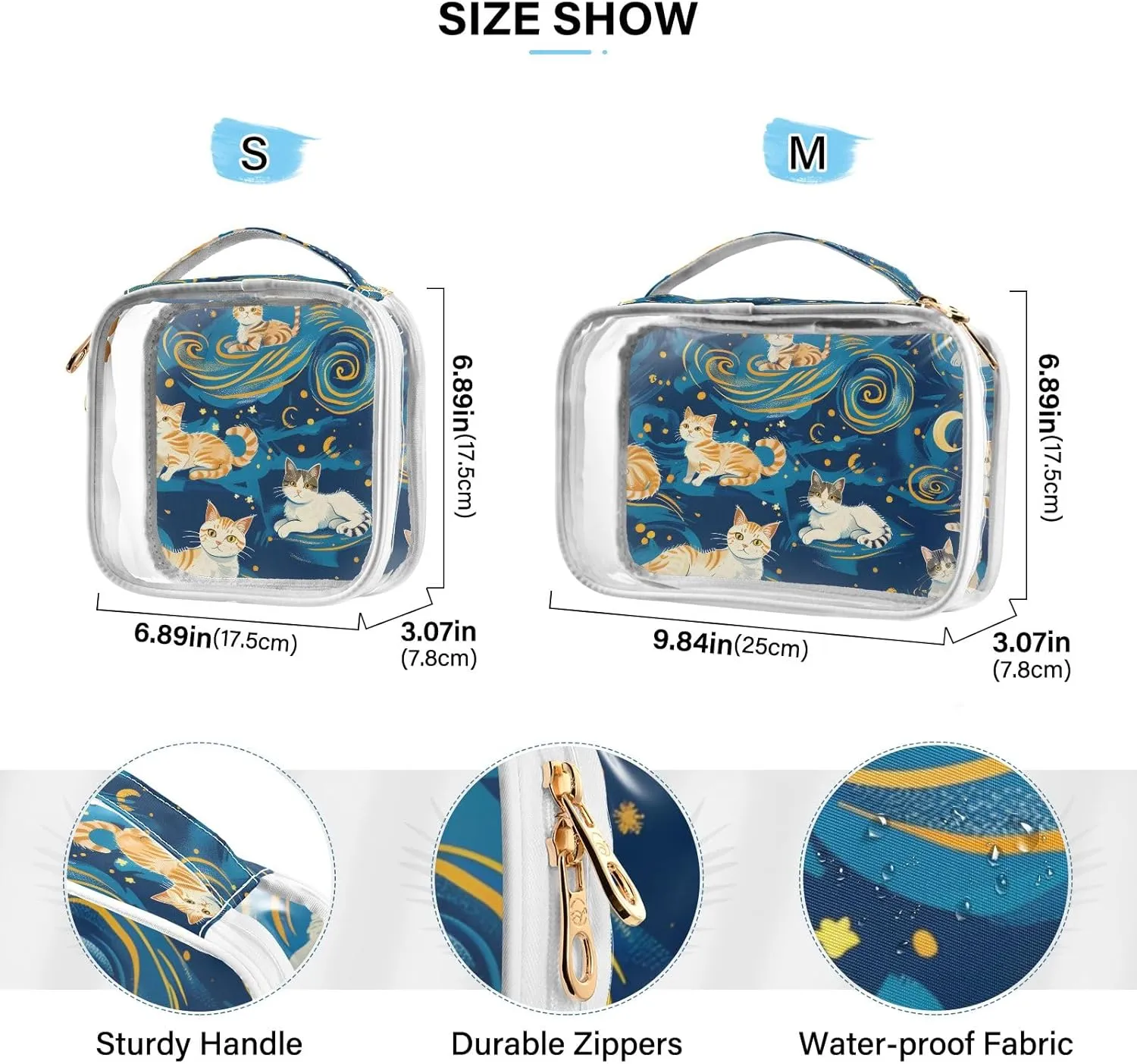 Clear Makeup Bags 2 Pack TSA Approved Toiletry Bag Quart Size Travel Cosmetic Bag Fit Carry-on Toiletries Essential (Cats Van Gogh's Starry Sky Background)