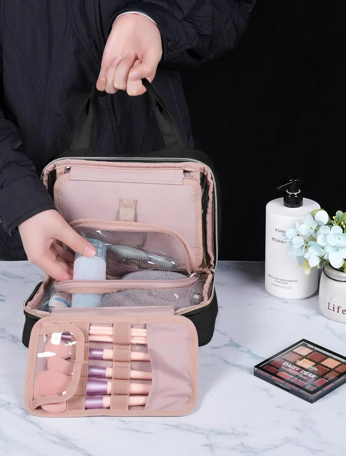 Clear Makeup Brush Bag with Hanging Hook for Travel, Toiletry, Traveling Essentials, Organizer, Women Black