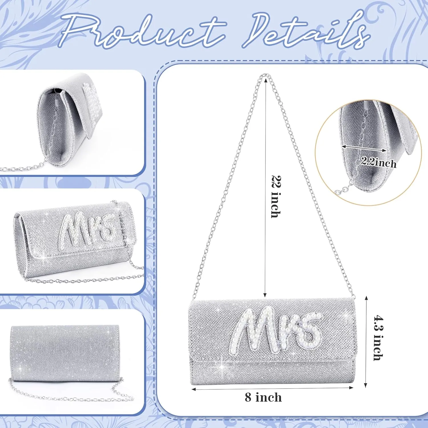 clothmile Bride Purse, Bride Clutch Bag, Diamond Glitter Prom Purse, Women Handbag, Pearl Bag for Bridal Wedding Party Gift