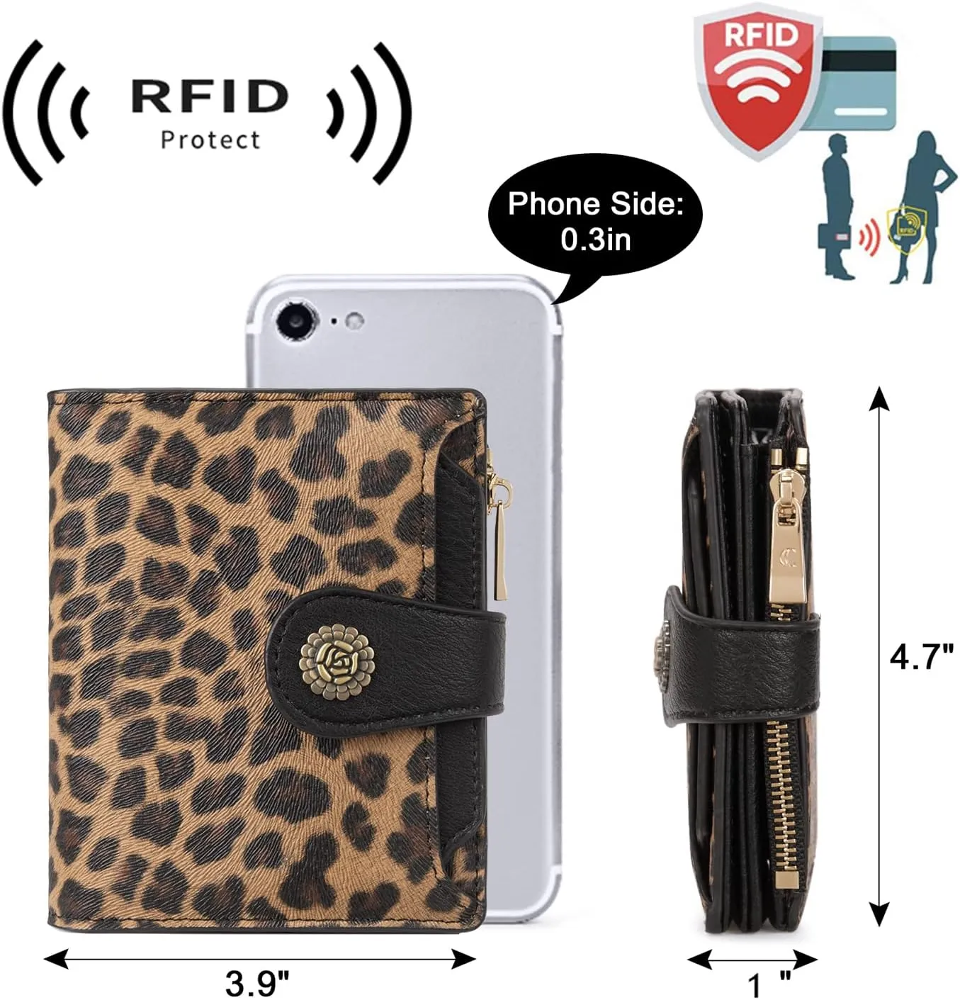 CLUCI Small Wallets for Women RFID Blocking Leather Trifold Compact Credit Card Holder with ID Window Ladies Zipper Coin Purse Leopard Pattern