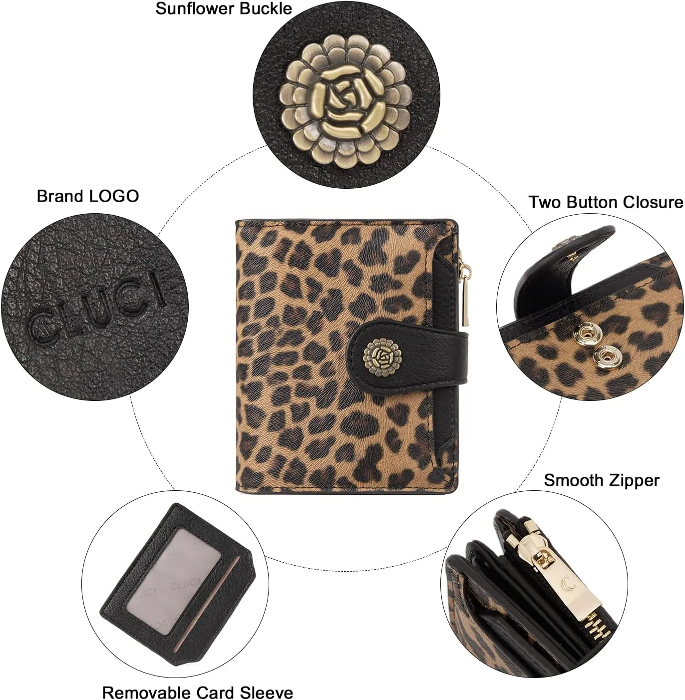 CLUCI Small Wallets for Women RFID Blocking Leather Trifold Compact Credit Card Holder with ID Window Ladies Zipper Coin Purse Leopard Pattern