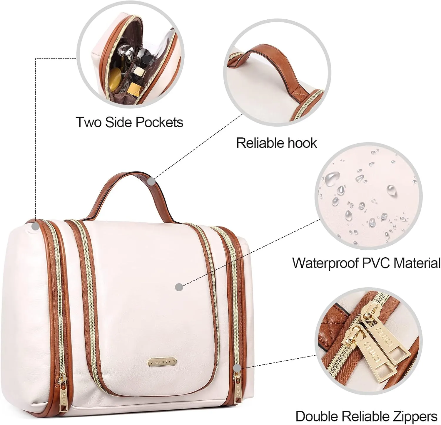 CLUCI Toiletry Bag Travel Bag with Hanging Hook Leather Makeup Cosmetic Bag Travel Organizer for Accessories Shampoo Container Toiletries